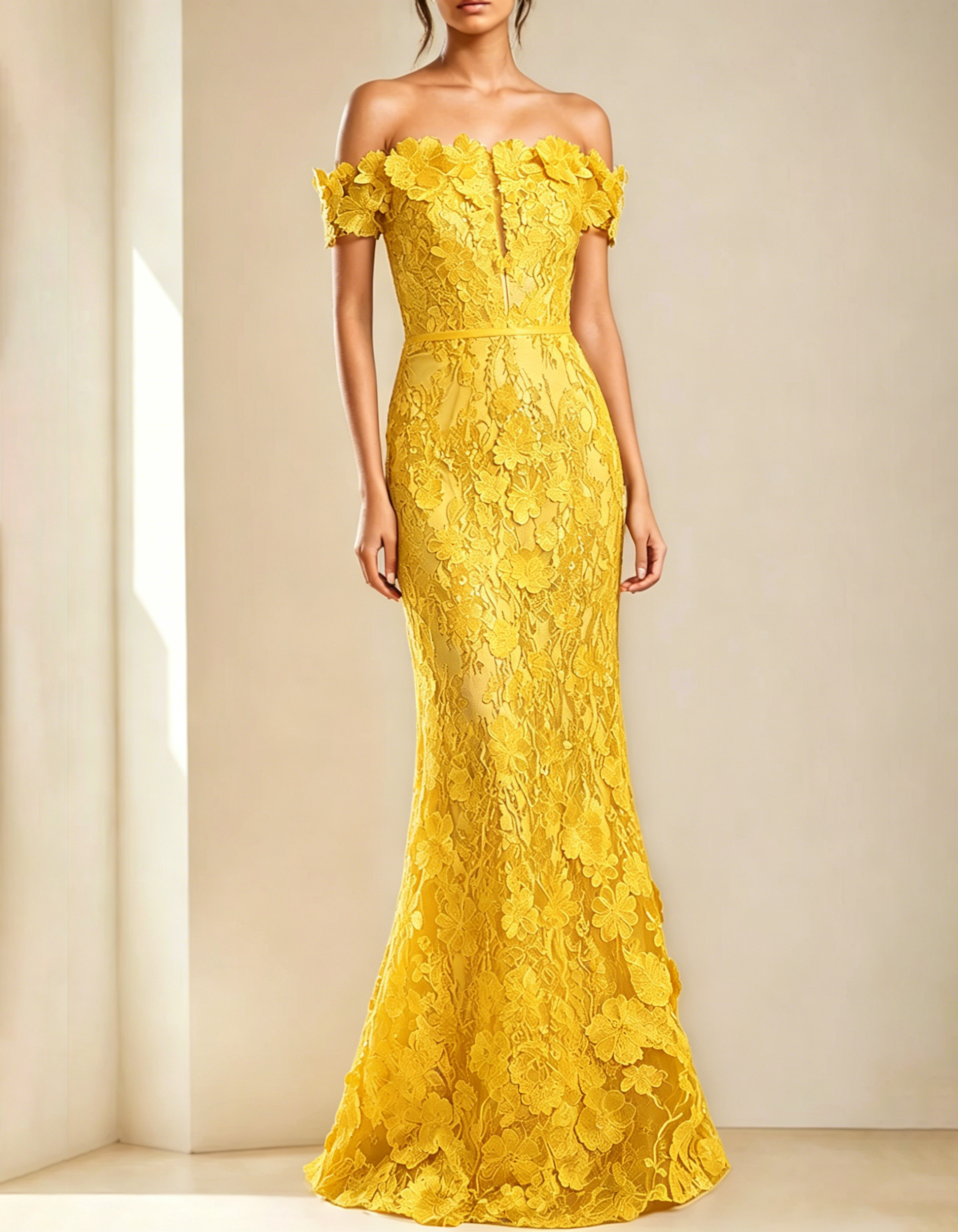 Off-The-Shoulder Lace Embroidered Fishtail Maxi Dress