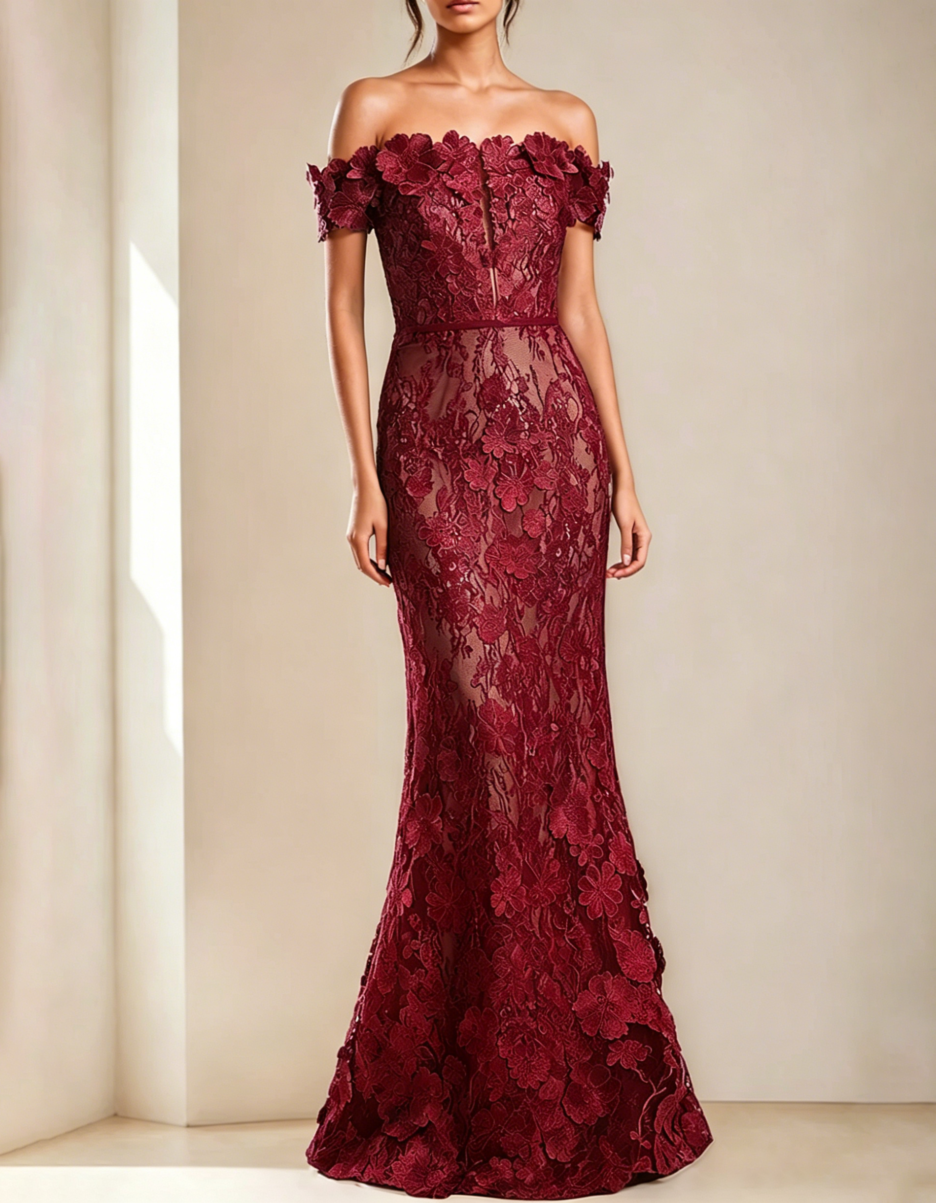 Off-The-Shoulder Lace Embroidered Fishtail Maxi Dress