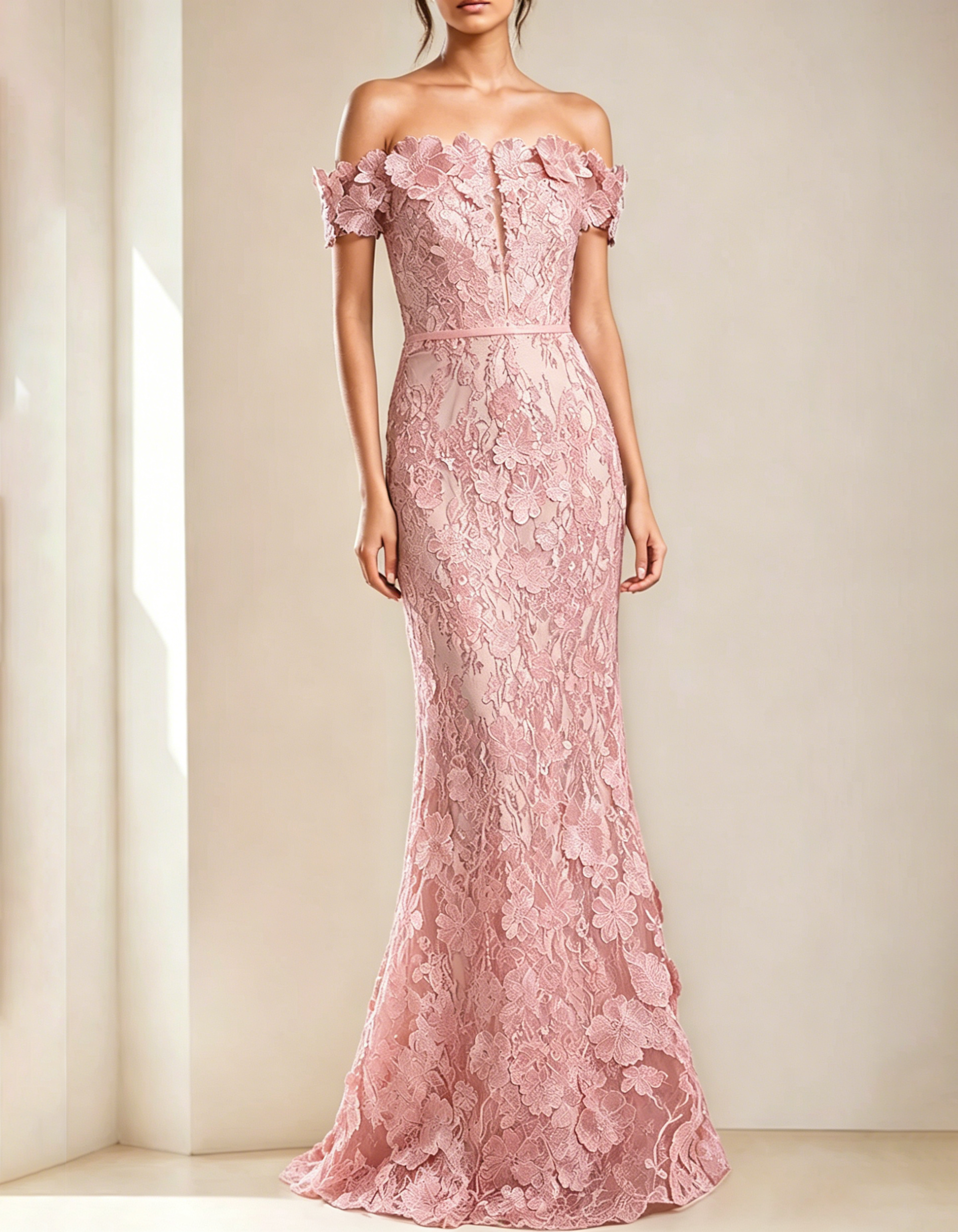 Off-The-Shoulder Lace Embroidered Fishtail Maxi Dress