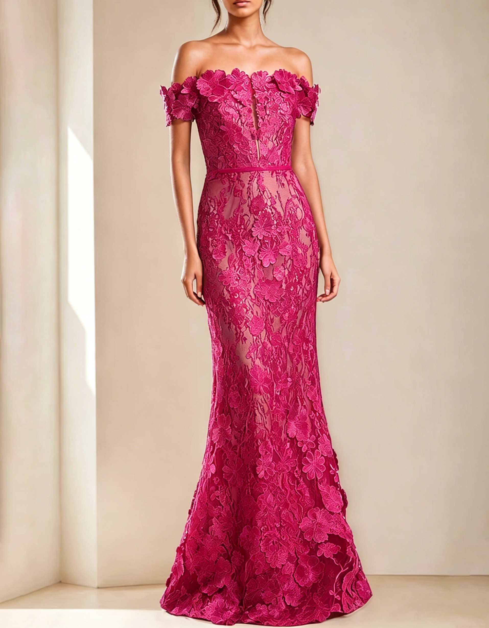 Off-The-Shoulder Lace Embroidered Fishtail Maxi Dress
