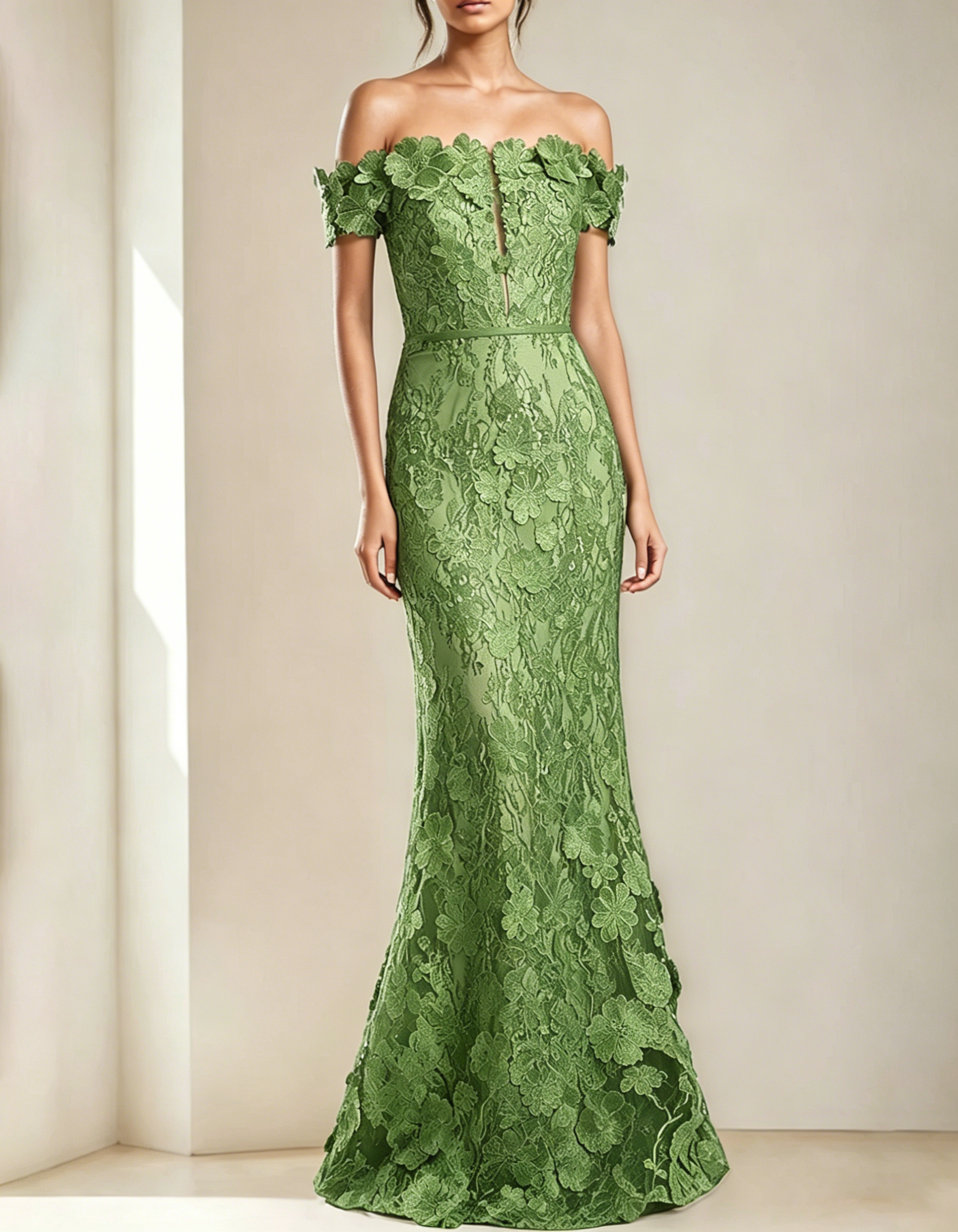Off-The-Shoulder Lace Embroidered Fishtail Maxi Dress
