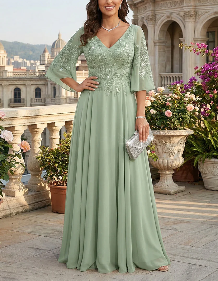 Sage Green Sequin-Embellished Chiffon Maxi Dress
