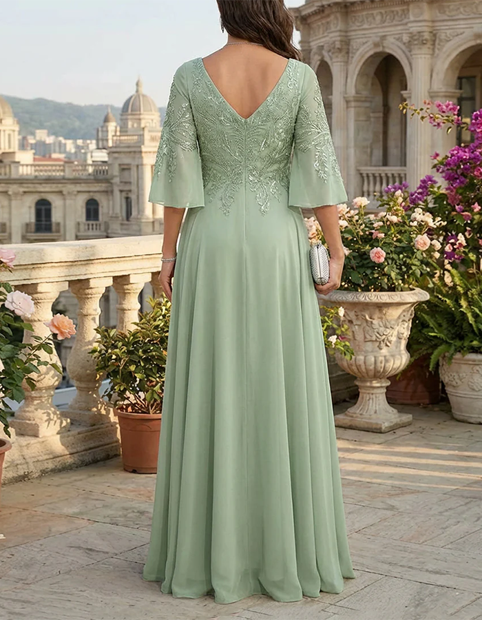 Sage Green Sequin-Embellished Chiffon Maxi Dress