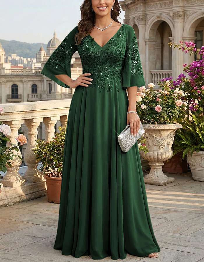 Sage Green Sequin-Embellished Chiffon Maxi Dress