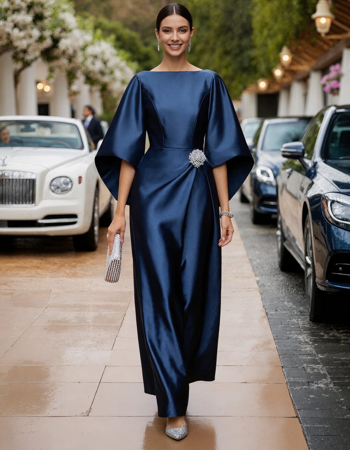 Blue Round Neck Satin Maxi Dress
