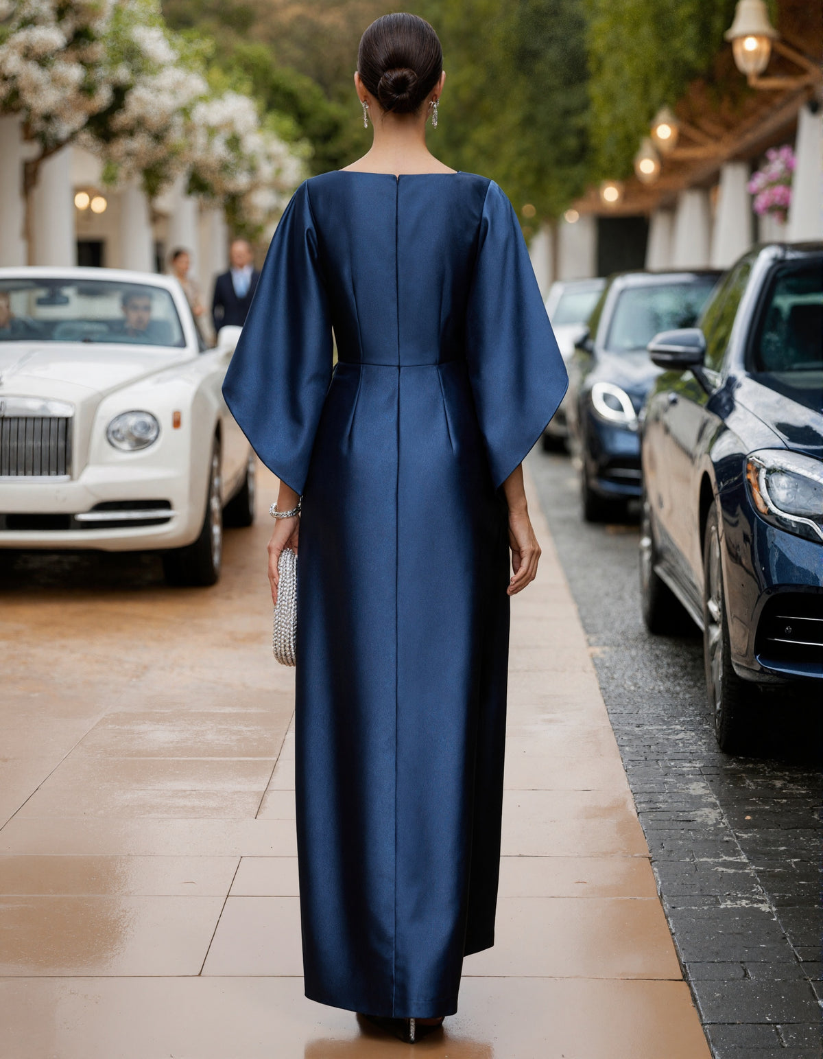 Blue Round Neck Satin Maxi Dress