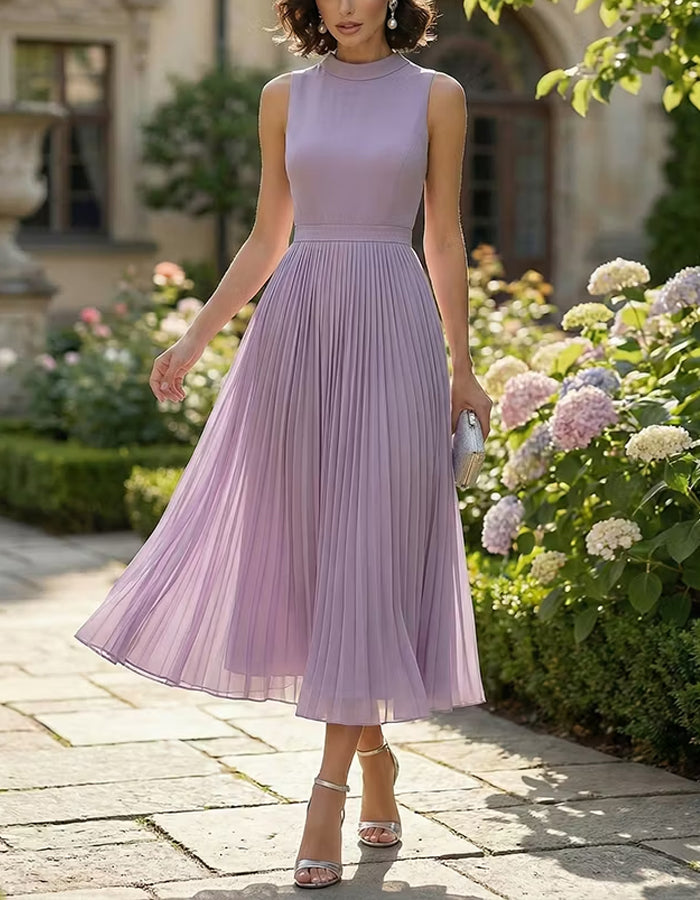 Taro Purple Stand Up Collar Fitted Waist Pleated Chiffon Midi Dress