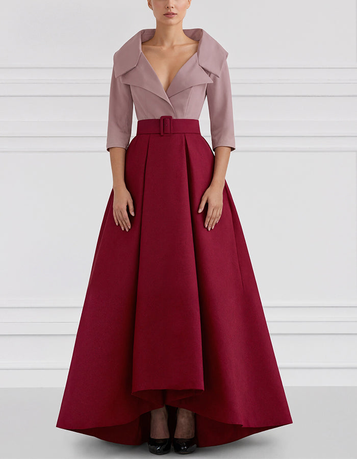 Sophisticated Satin High-Low Gown with Belted Waist and Folded Collar