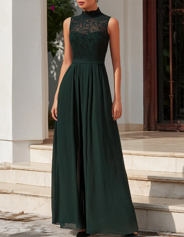 Dark Green Lace Chiffon Turtleneck Maxi Dress