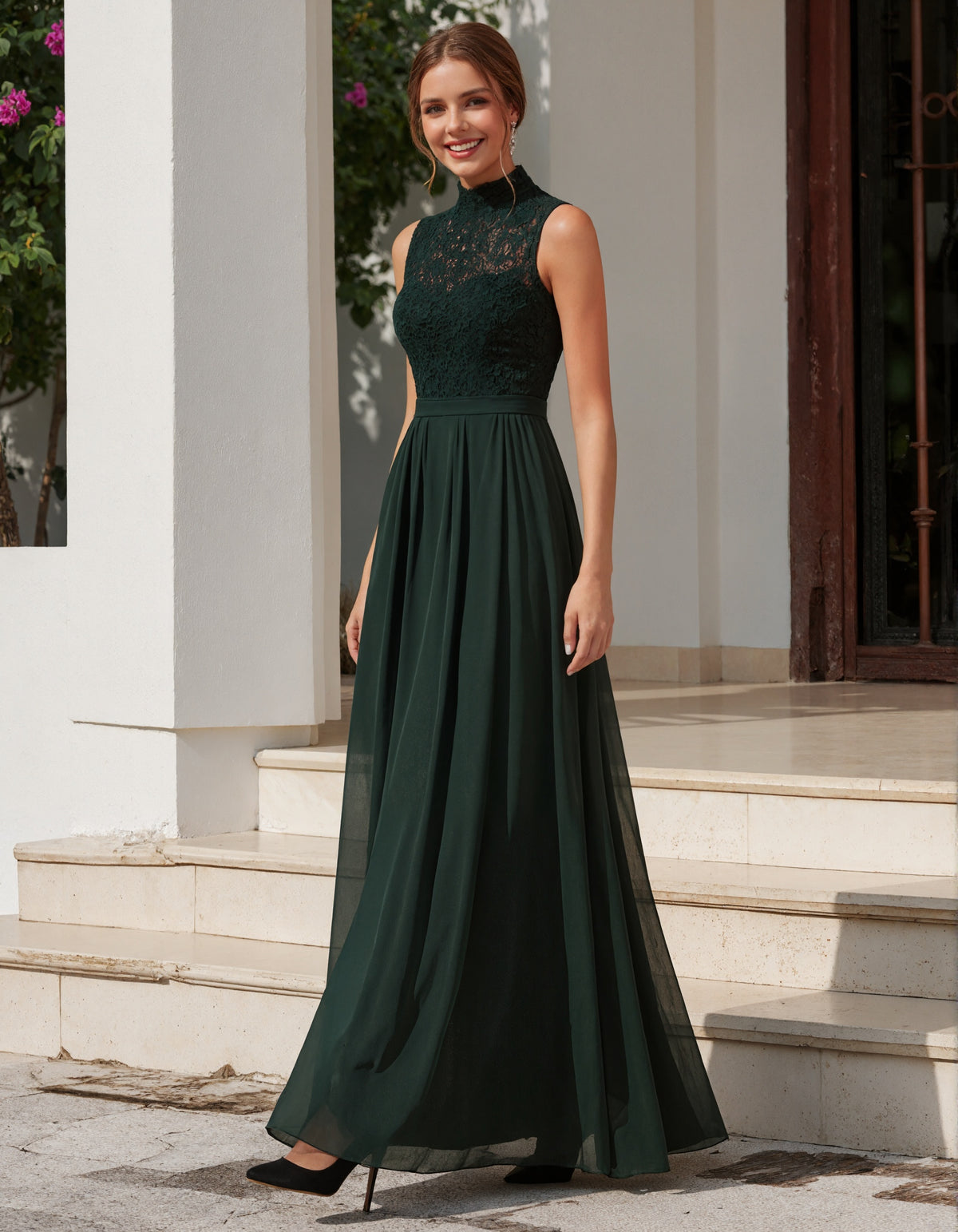 Dark Green Lace Chiffon Turtleneck Maxi Dress