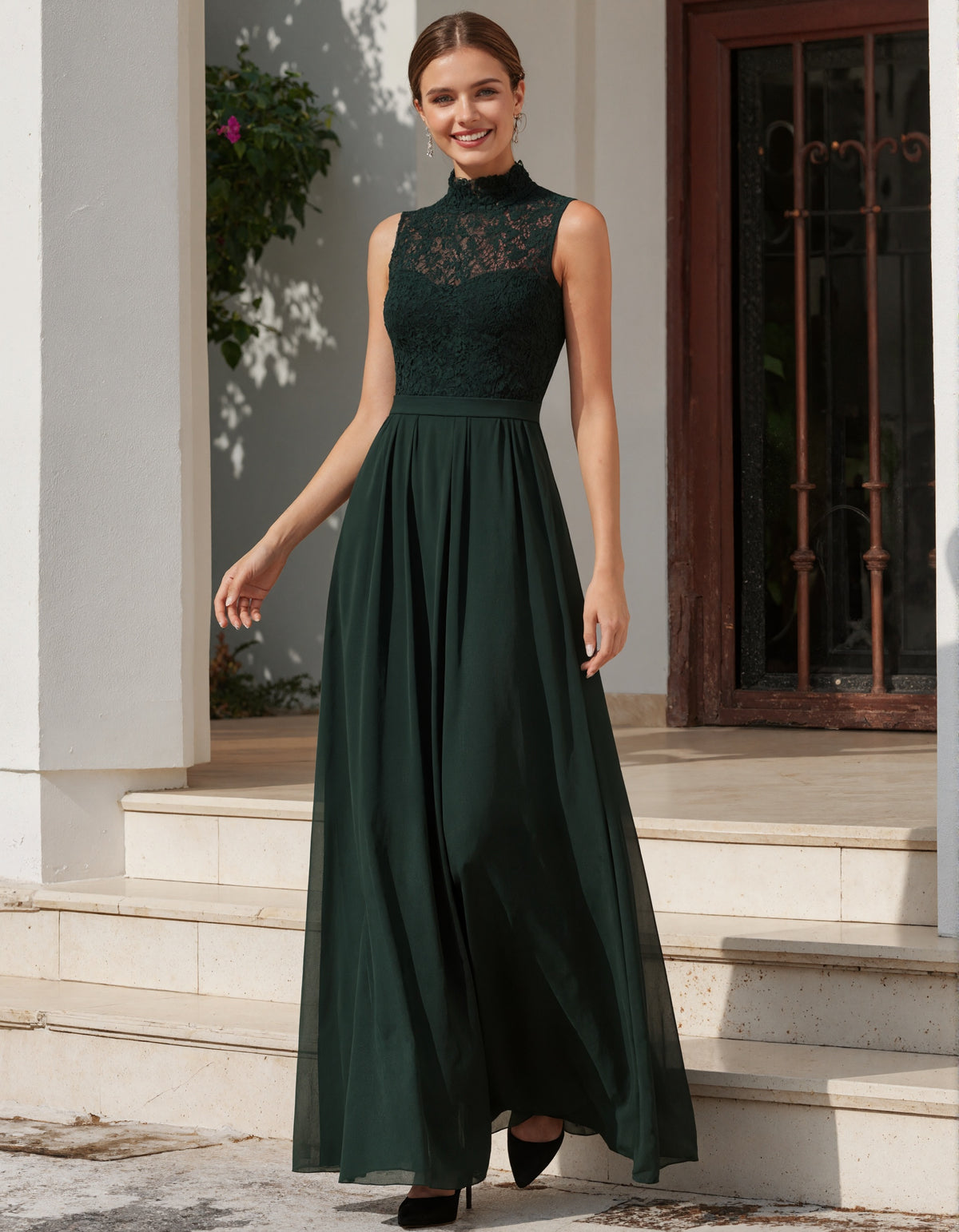 Dark Green Lace Chiffon Turtleneck Maxi Dress