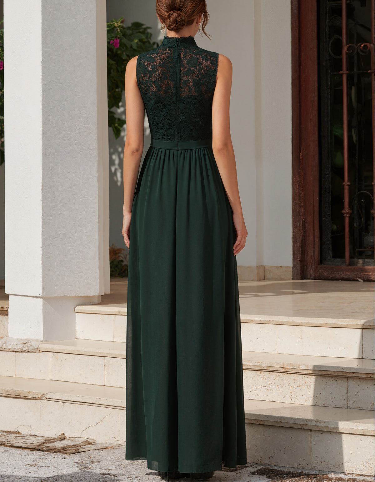 Dark Green Lace Chiffon Turtleneck Maxi Dress
