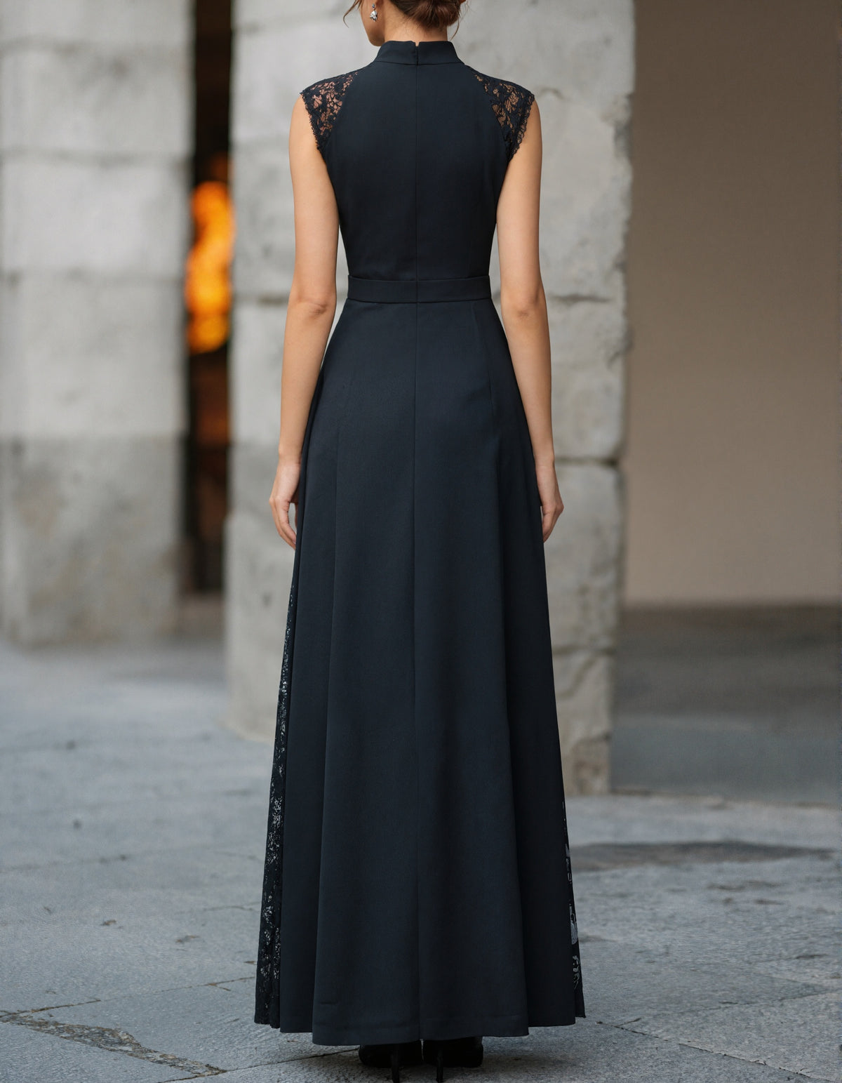 Black Lace Trimmed Turtleneck Maxi Dress