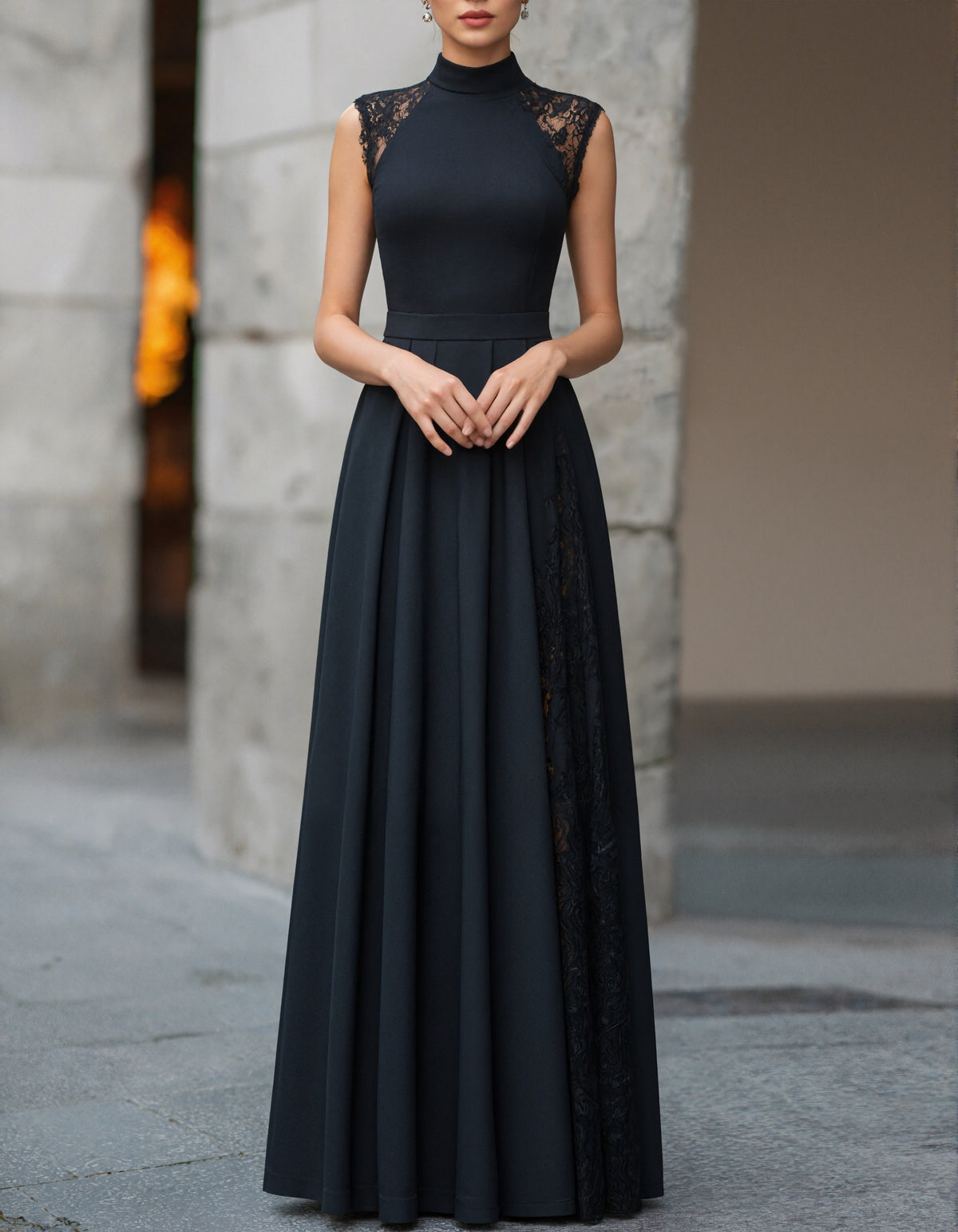 Black Lace Trimmed Turtleneck Maxi Dress
