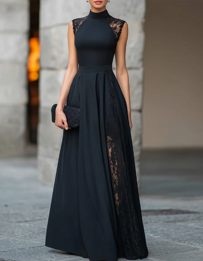 turtleneck dress lace Black Velvet with Godets shopaleena The semi Chloe Turtleneck Long-Sleeve Smocked Lace