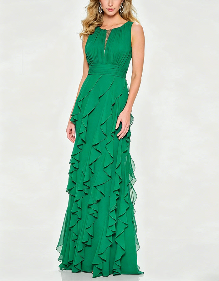 Solid Color Ruffled Chiffon Sleeveless Maxi Dress