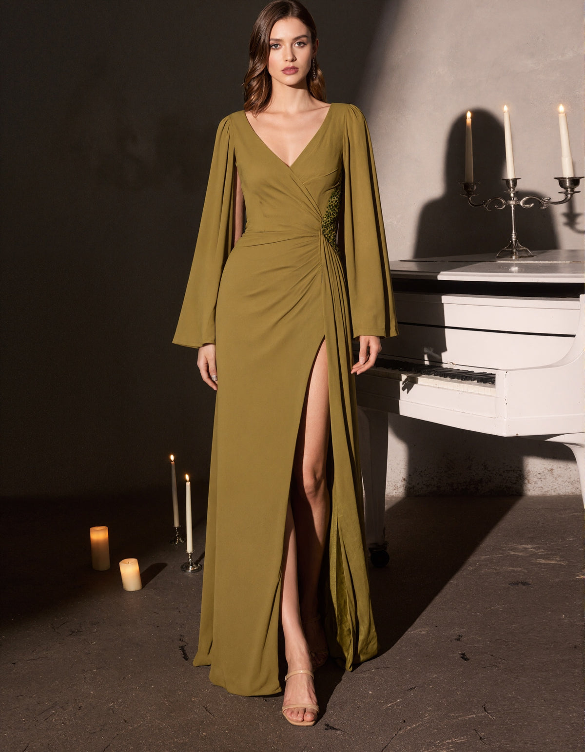 Solid Color Shawl Sleeve Chiffon With Slit Maxi Dress