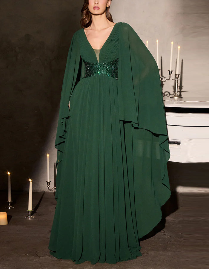 Solid Color Shawl Sleeve Sequined Waist Chiffon Maxi Dress