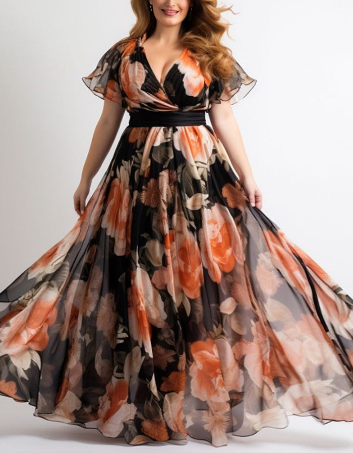 Black Floral Chiffon Ruffle Sleeves Maxi Dress