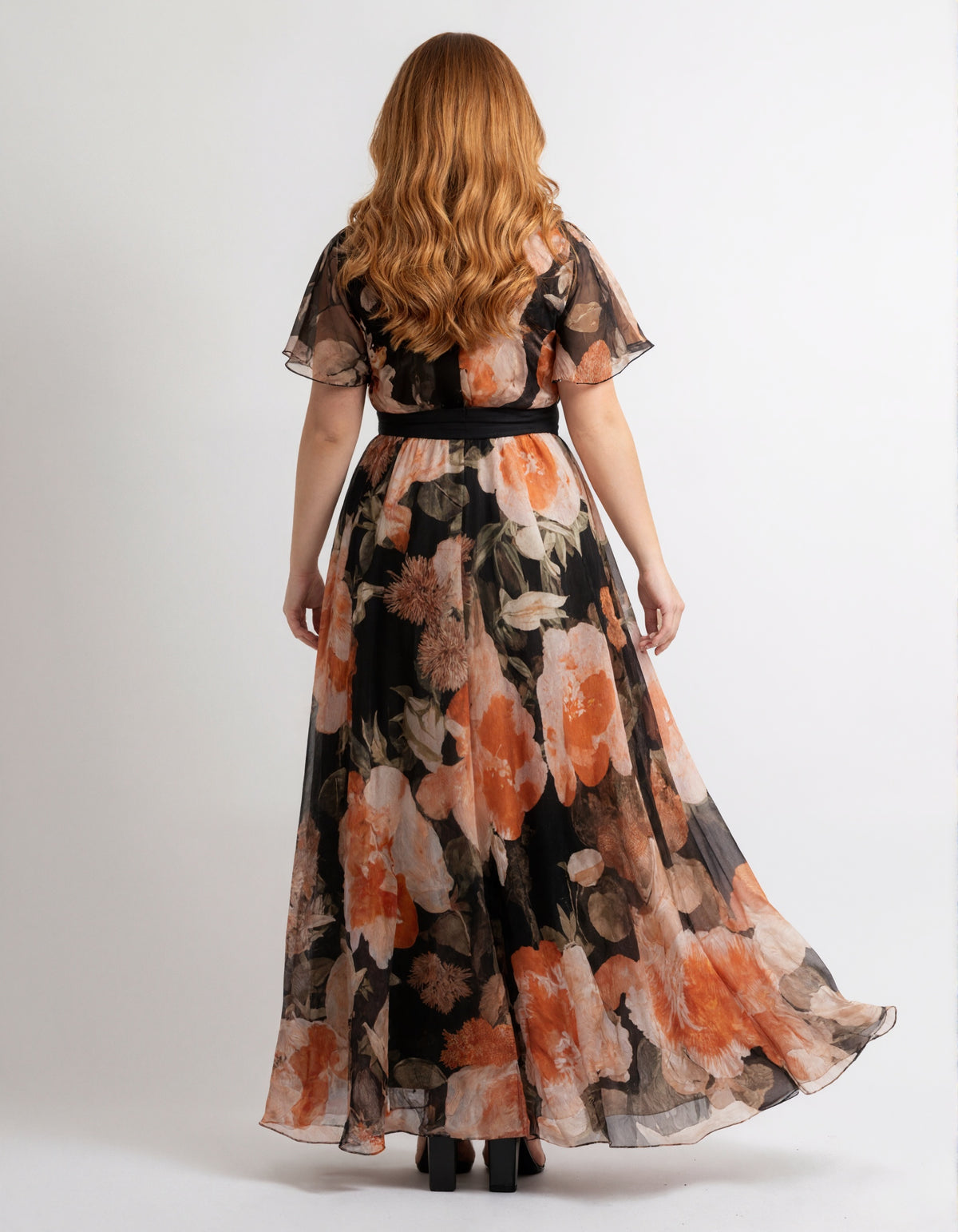 Black Floral Chiffon Ruffle Sleeves Maxi Dress