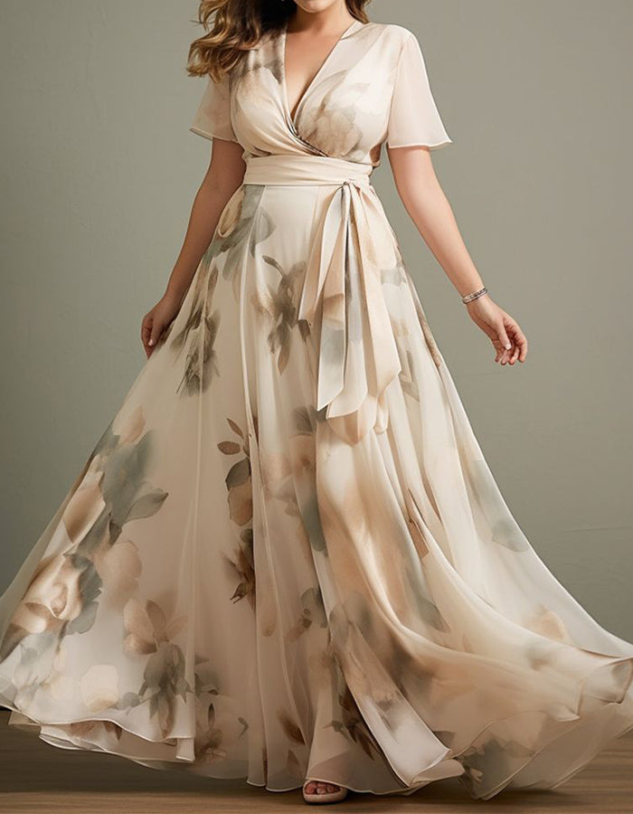 Beige Watercolor Floral Ruffle Sleeves Maxi Dress