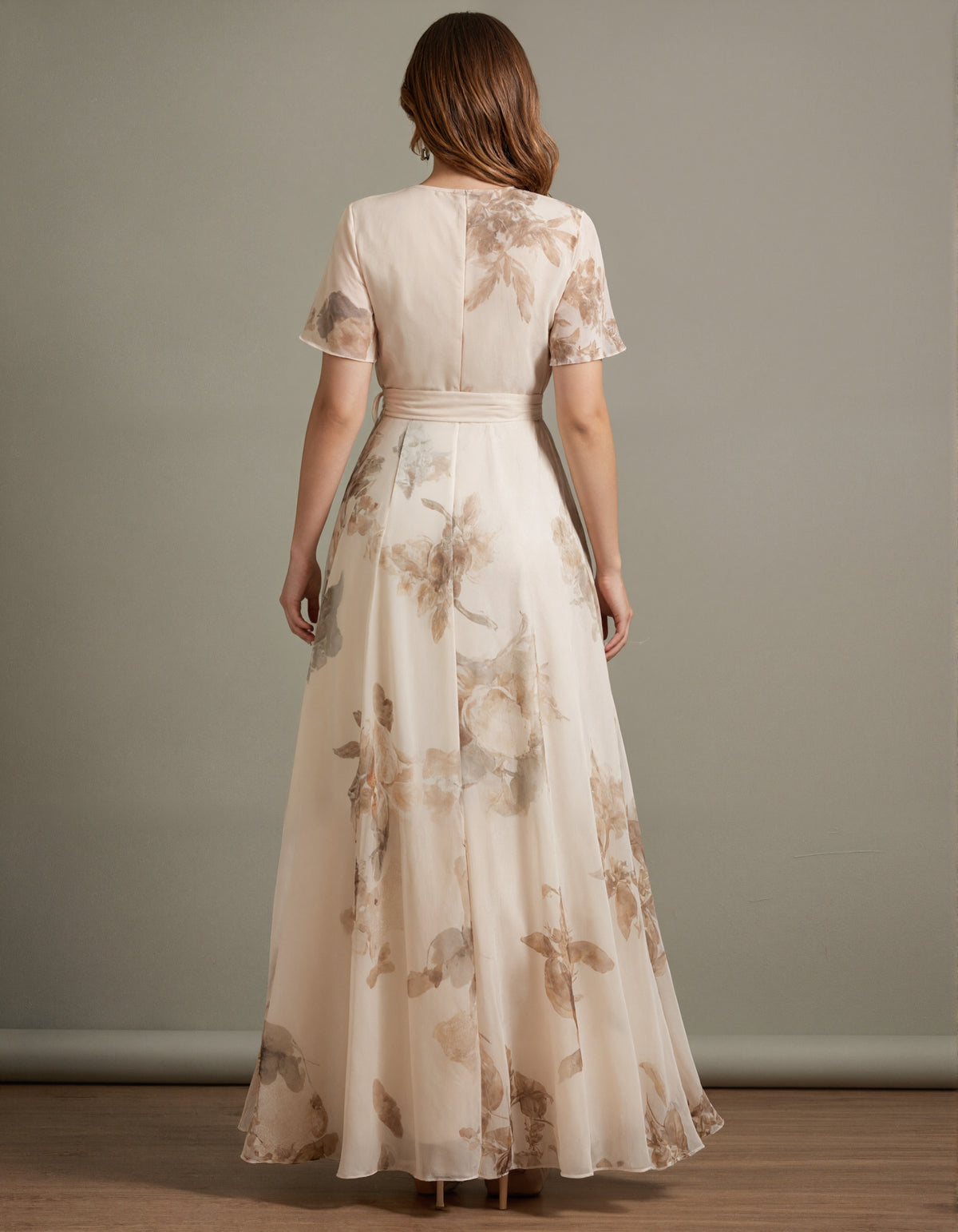 Beige Watercolor Floral Ruffle Sleeves Maxi Dress