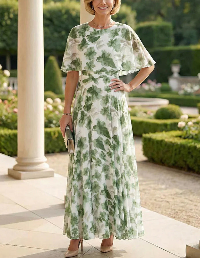 Green Floral Print Chiffon Cape Sleeve Maxi Dress