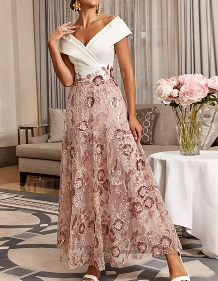 V-neck Lace White Maxi Dress