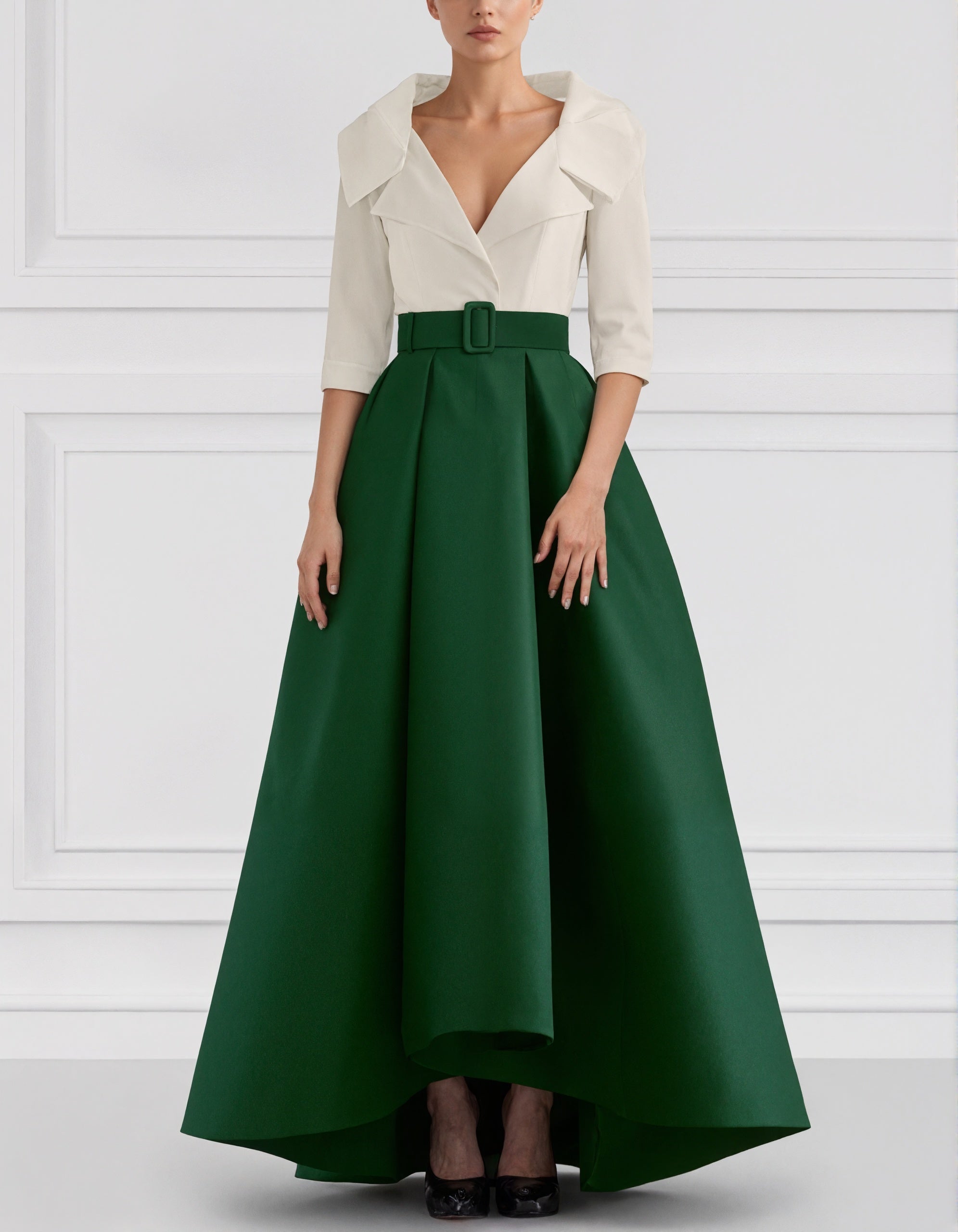 Sophisticated Satin High-Low Gown with Belted Waist and Folded Collar