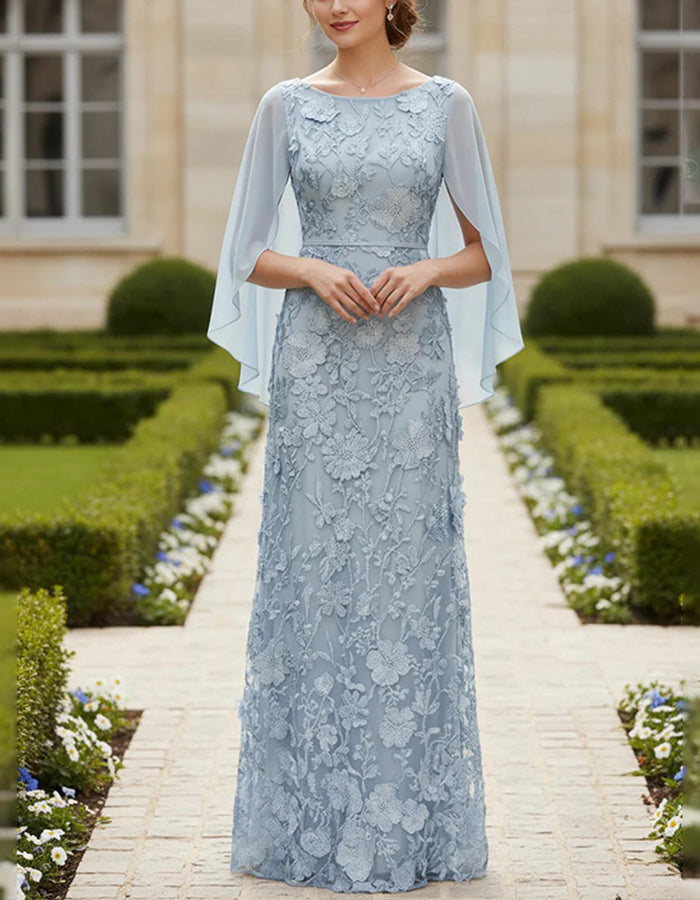 Light Blue Boat Neck Lace & Chiffon Maxi Dress