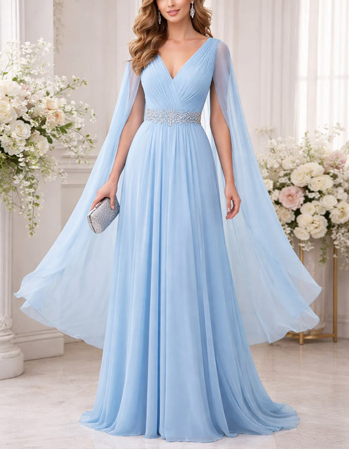 Sky Blue Chiffon Shawl Sleeves With Sequined Waist Maxi Dress