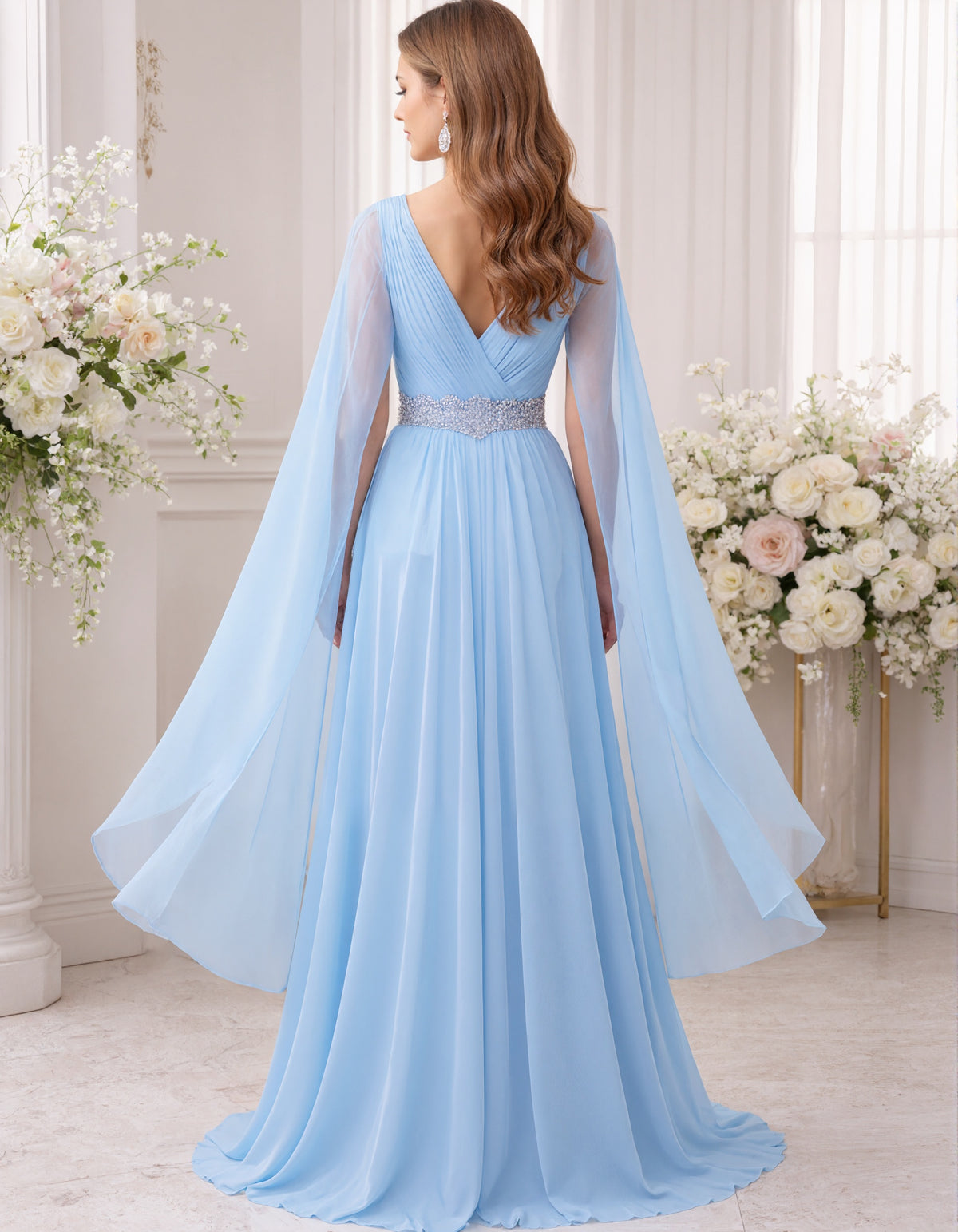 Sky Blue Chiffon Shawl Sleeves With Sequined Waist Maxi Dress