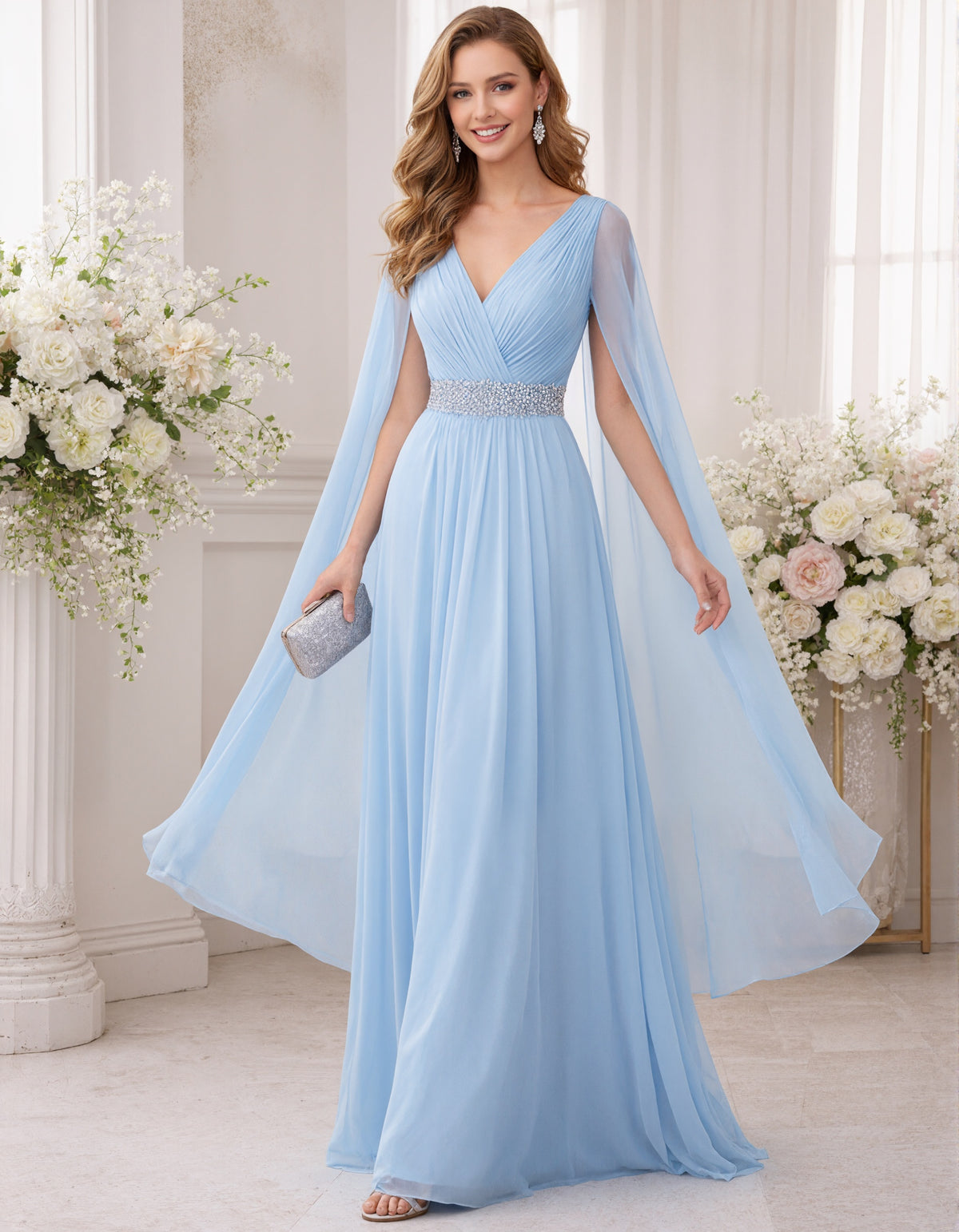 Sky Blue Chiffon Shawl Sleeves With Sequined Waist Maxi Dress