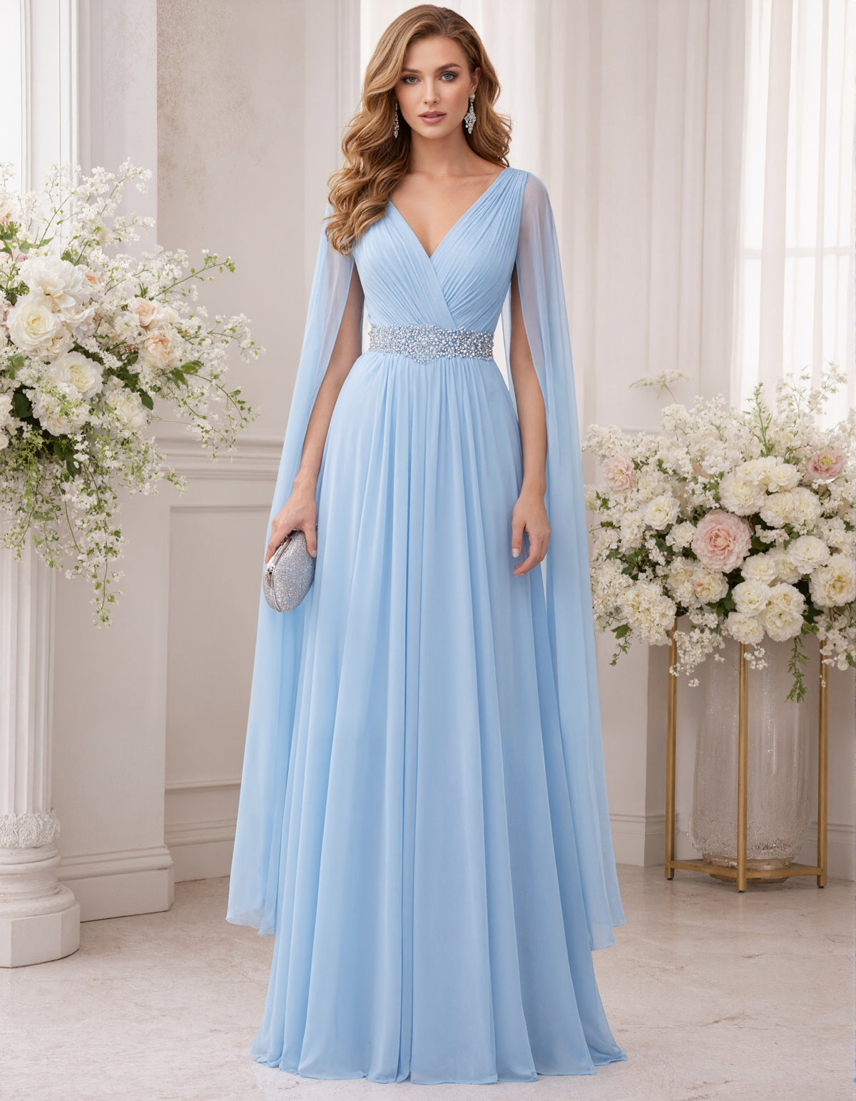 Sky Blue Chiffon Shawl Sleeves With Sequined Waist Maxi Dress