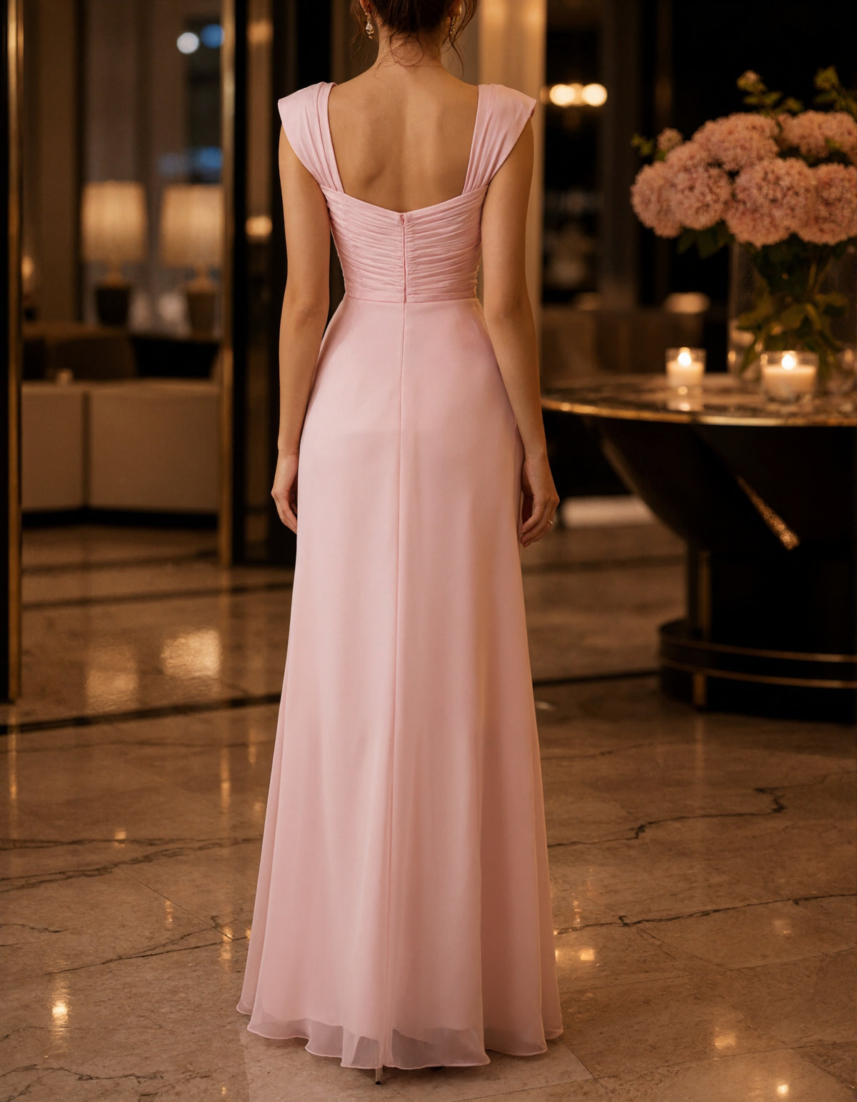 Pink Draped Chiffon Heart Shaped Neckline Maxi Dress