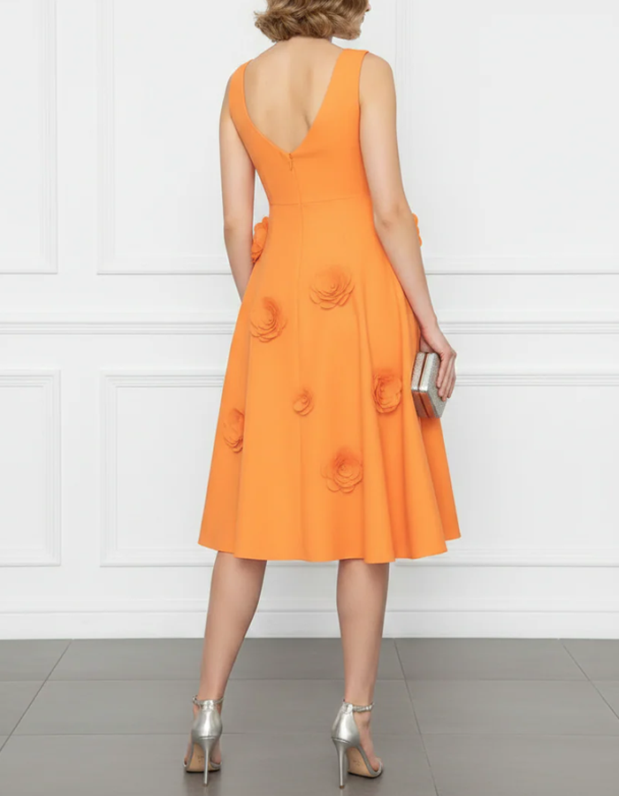 Orange 3D Floral Midi Dress