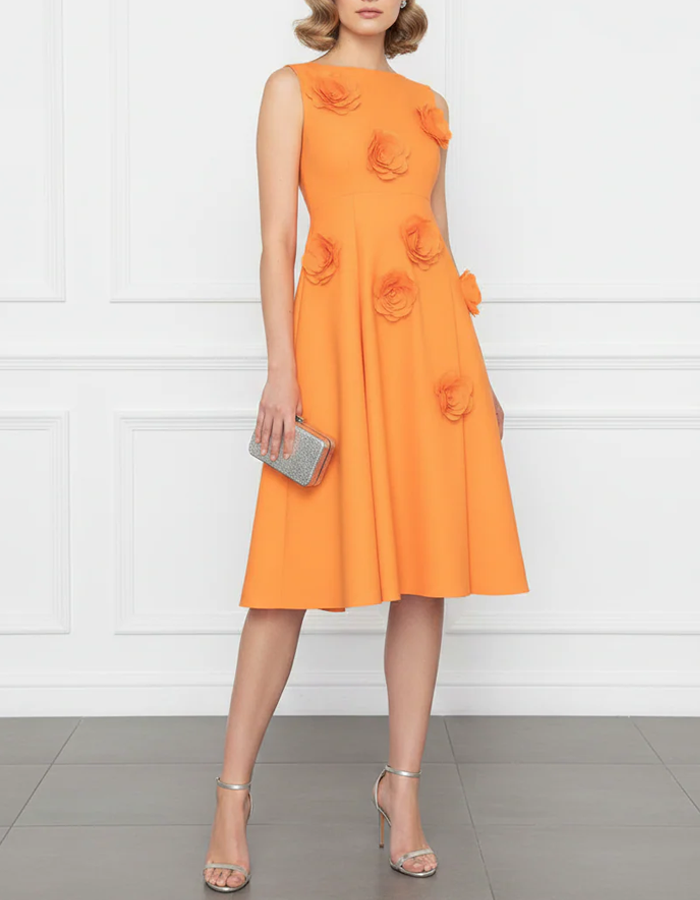Orange 3D Floral Midi Dress