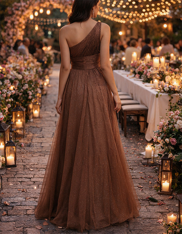 Brown One Shoulder High Slit Maxi Dress