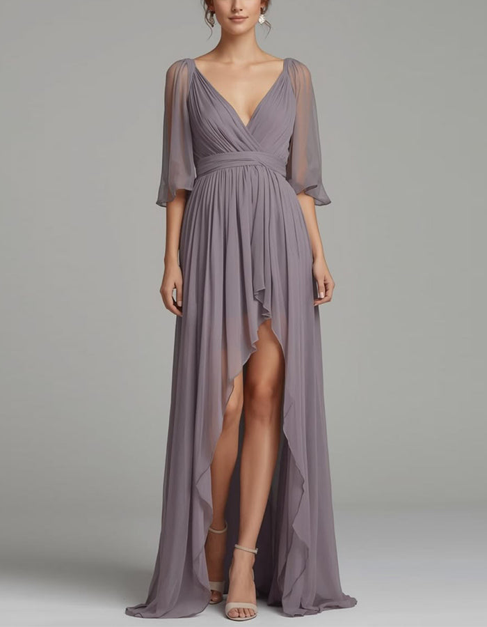 Grayish Purple Chiffon V-Neck Tulle Sleeves High And Low Hem Maxi Dress