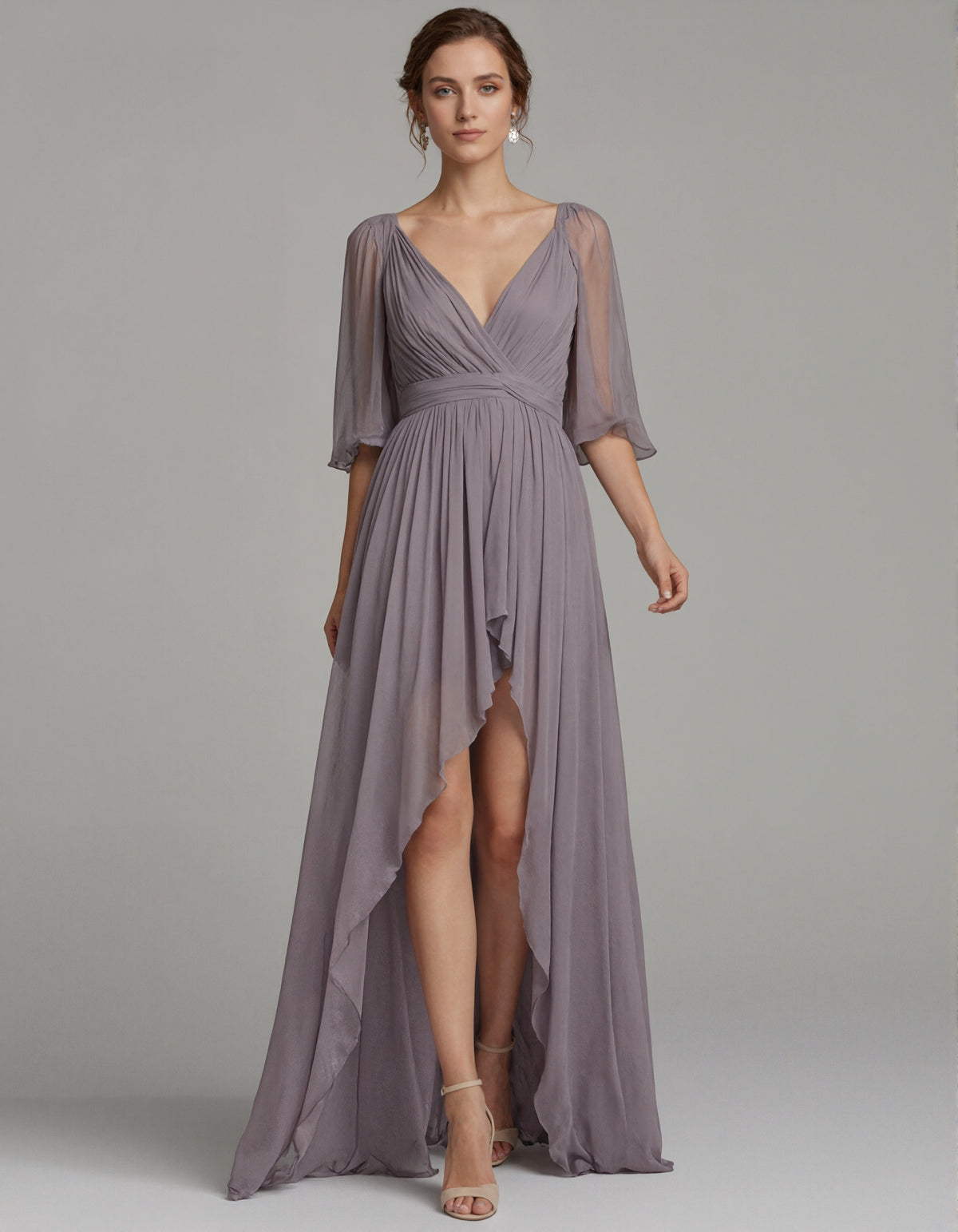 Grayish Purple Chiffon V-Neck Tulle Sleeves High And Low Hem Maxi Dress