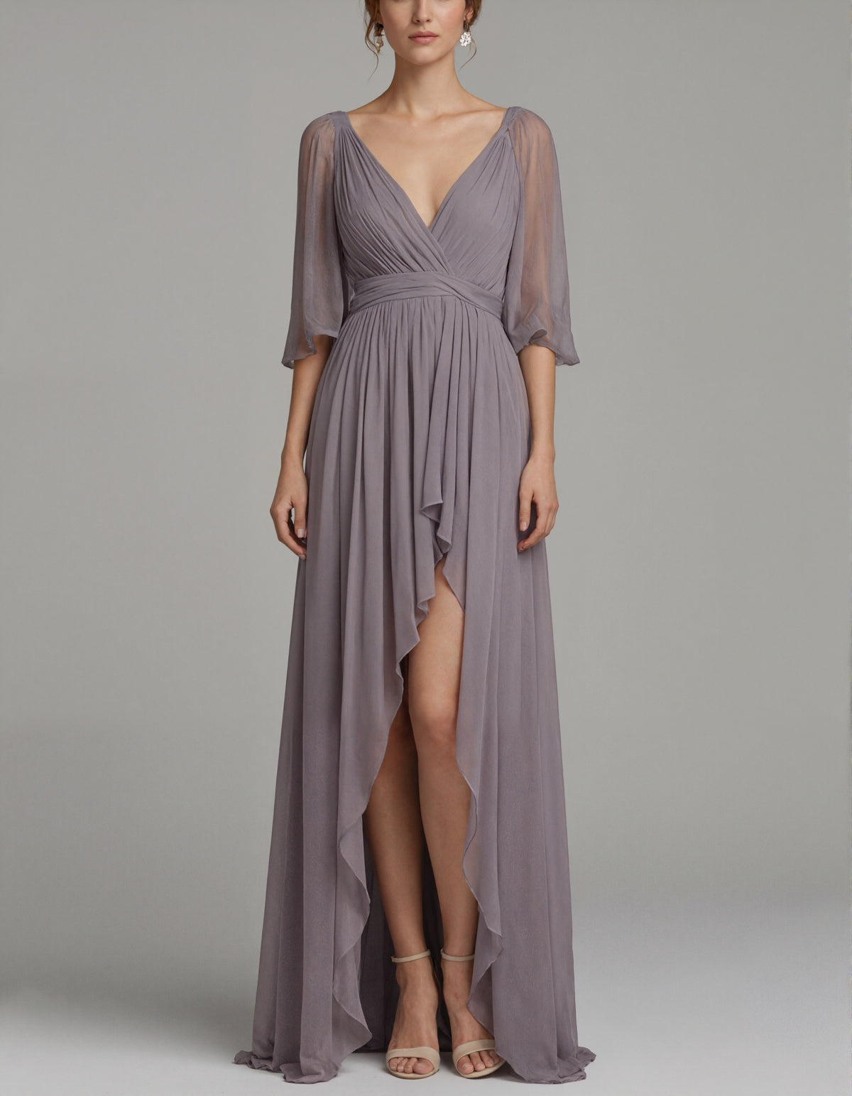 Grayish Purple Chiffon V-Neck Tulle Sleeves High And Low Hem Maxi Dress