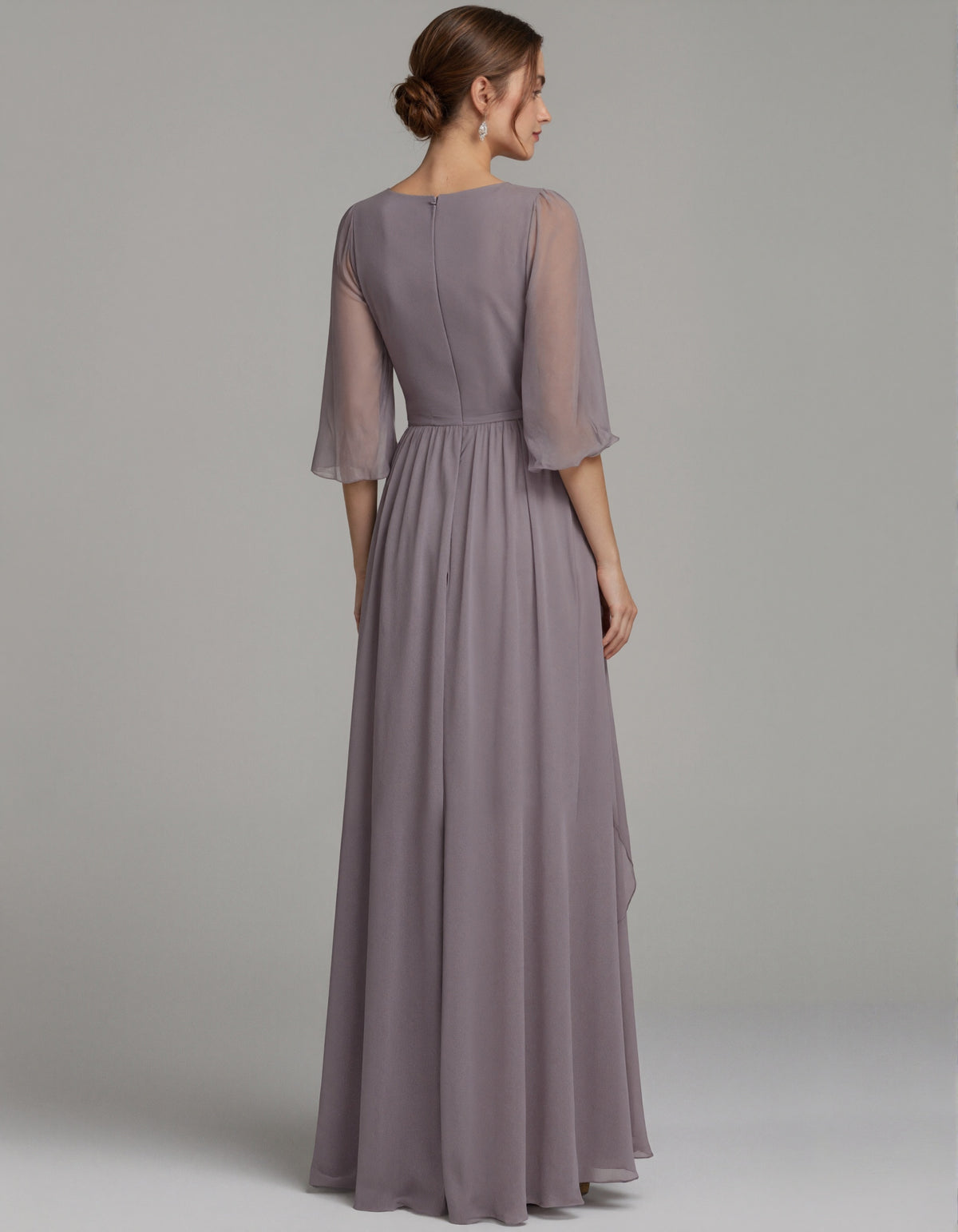 Grayish Purple Chiffon V-Neck Tulle Sleeves High And Low Hem Maxi Dress