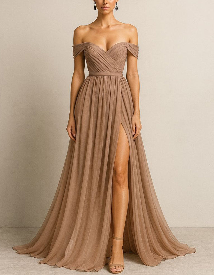 Camel Colored Off Shoulder Pleated Chiffon Maxi Dress