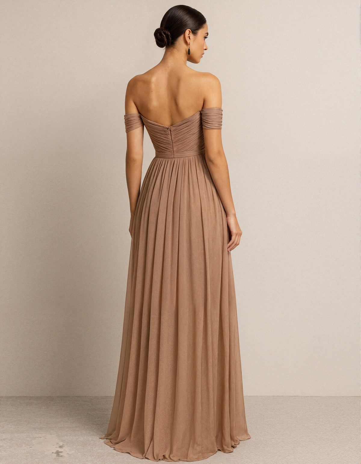 Camel Colored Off Shoulder Pleated Chiffon Maxi Dress