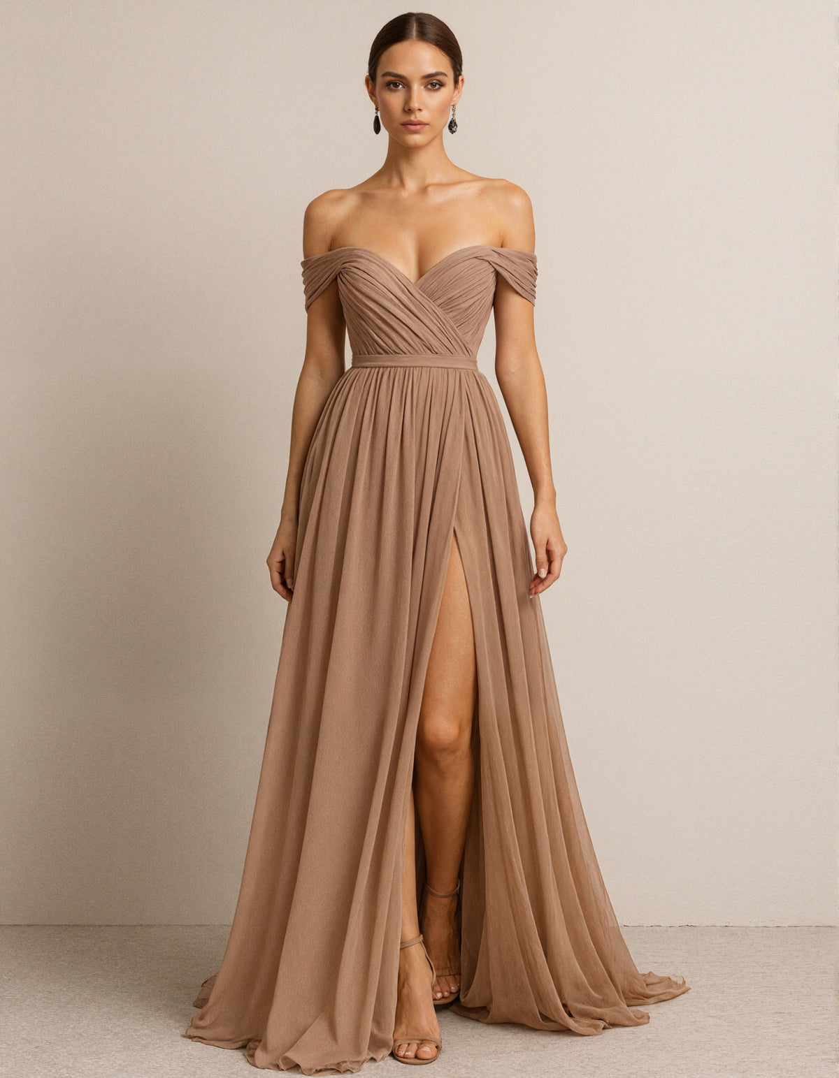 Camel Colored Off Shoulder Pleated Chiffon Maxi Dress
