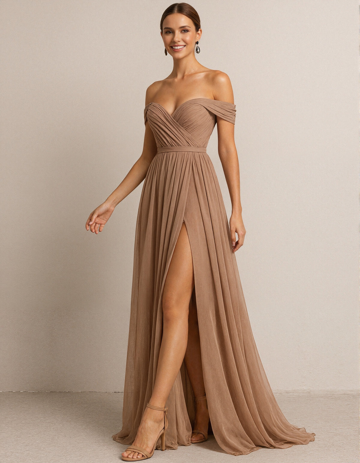 Camel Colored Off Shoulder Pleated Chiffon Maxi Dress