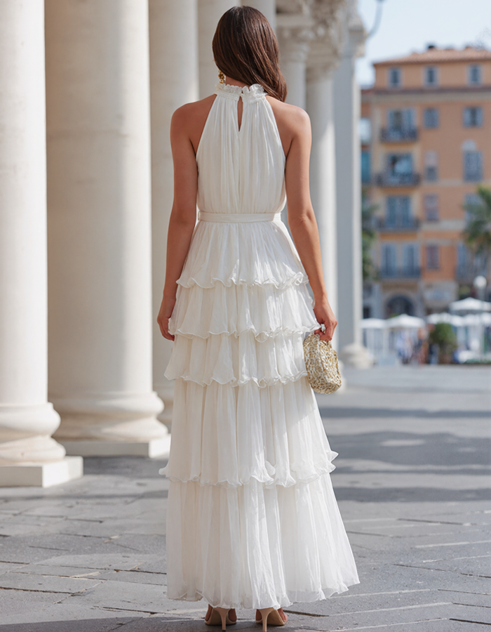 Ivory Ruffled Chiffon Maxi Dress