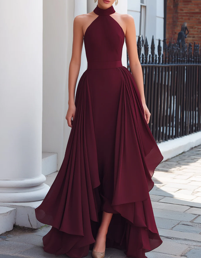 Burgundy High-Leg Chiffon Maxi Dress