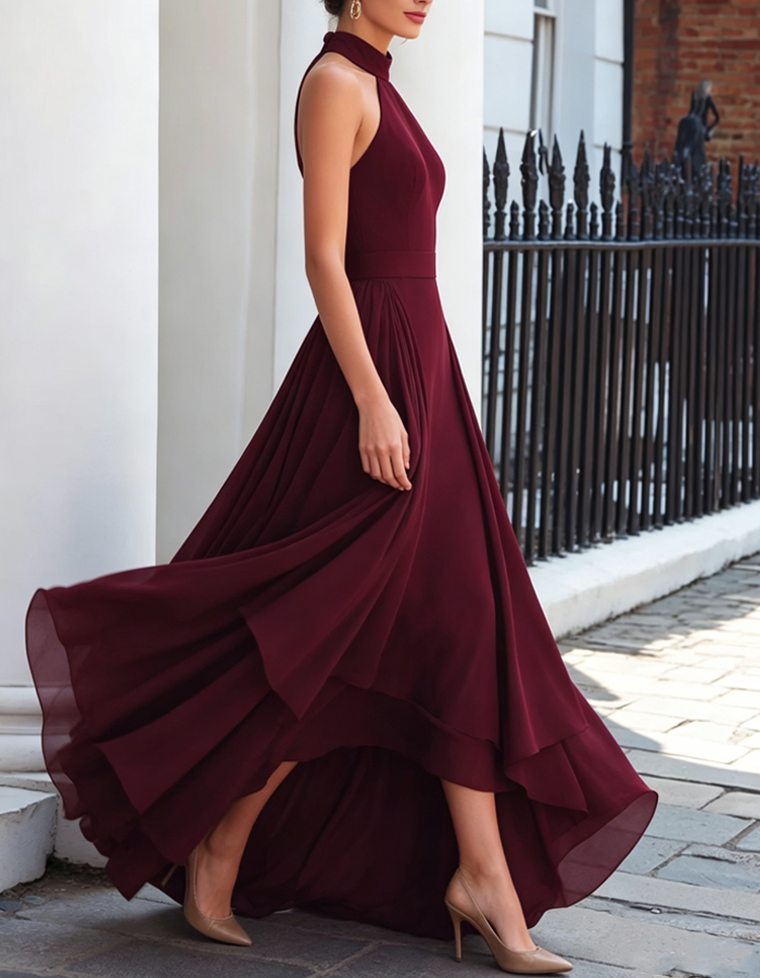 Burgundy High-Leg Chiffon Maxi Dress