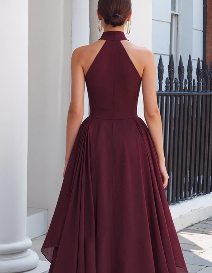 Burgundy High-Leg Chiffon Maxi Dress